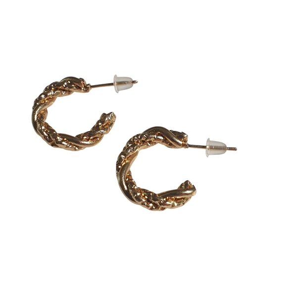 Gold Tone Twisted Hoop Earrings Textured Metal Post Mom Gift Classic Daily - Picture 1 of 3
